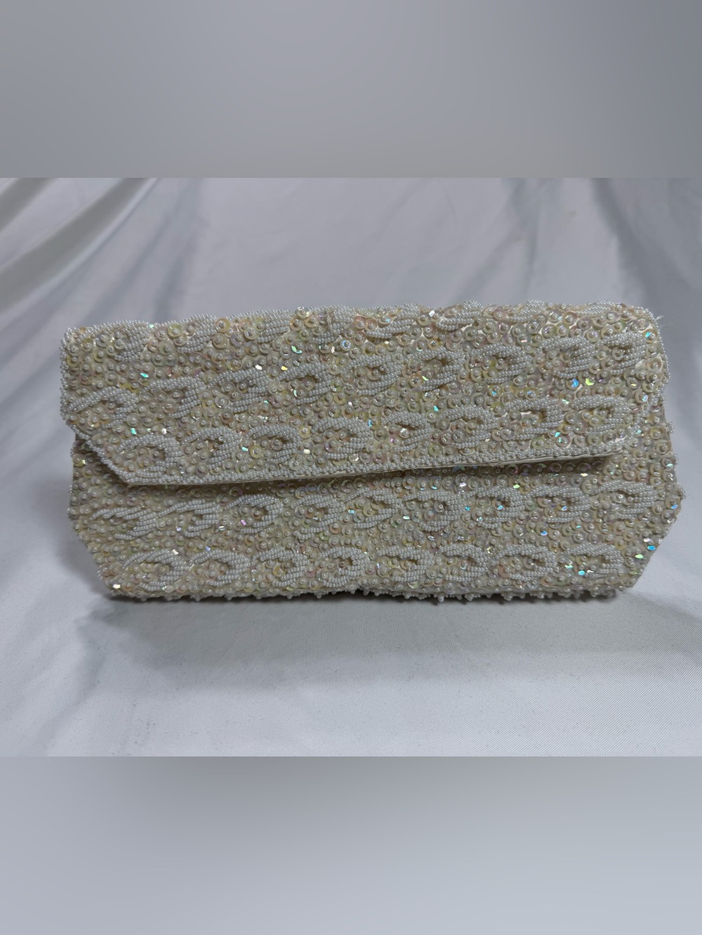 Gary Gail Ivory Beaded Sequin Clutch Snap Vintage Lined Inner Pockets Formal